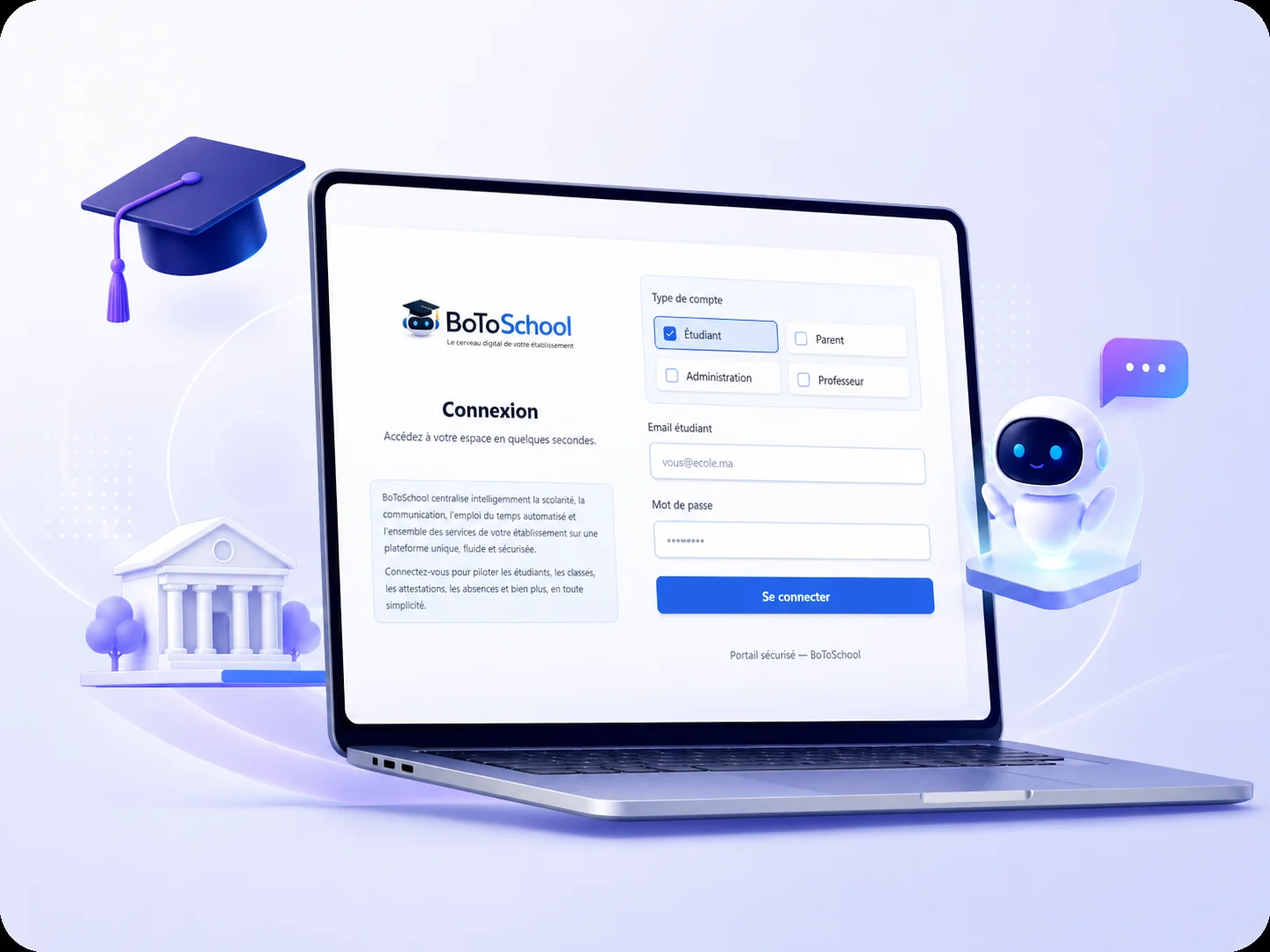 Portail IA éducatif développé par BotoSquad pour écoles marocaines